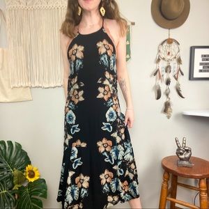 Free People Open Side Cutout Black Floral Midi Maxi Dress Medium